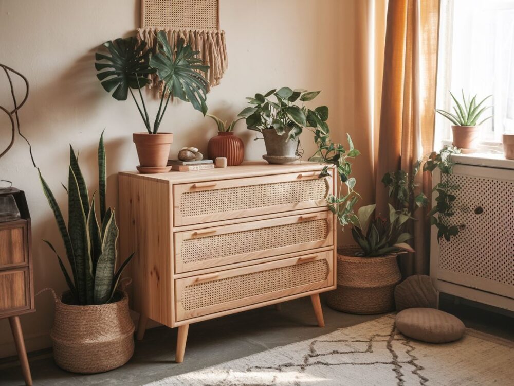 drewniana komoda z roślinami
