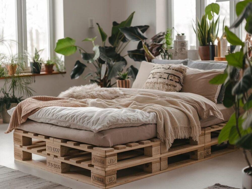 łóżko z palet w sypialni