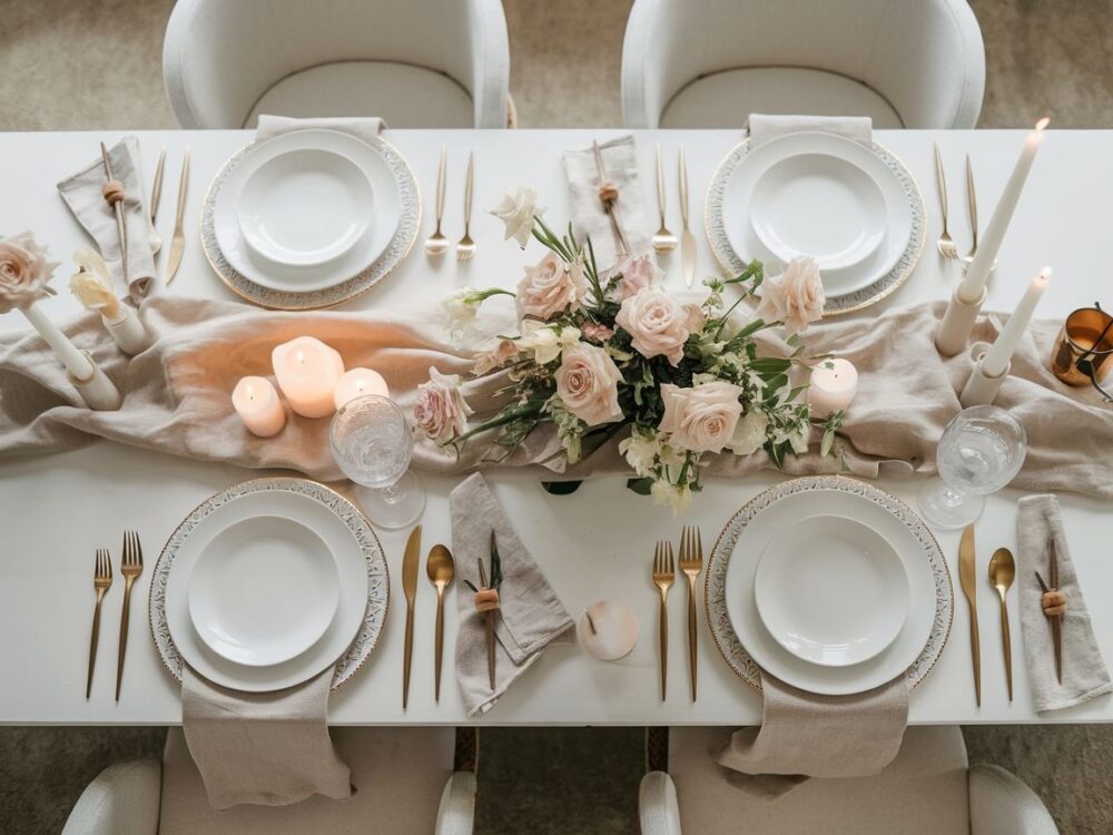 porcelanowe talerze i kwiaty